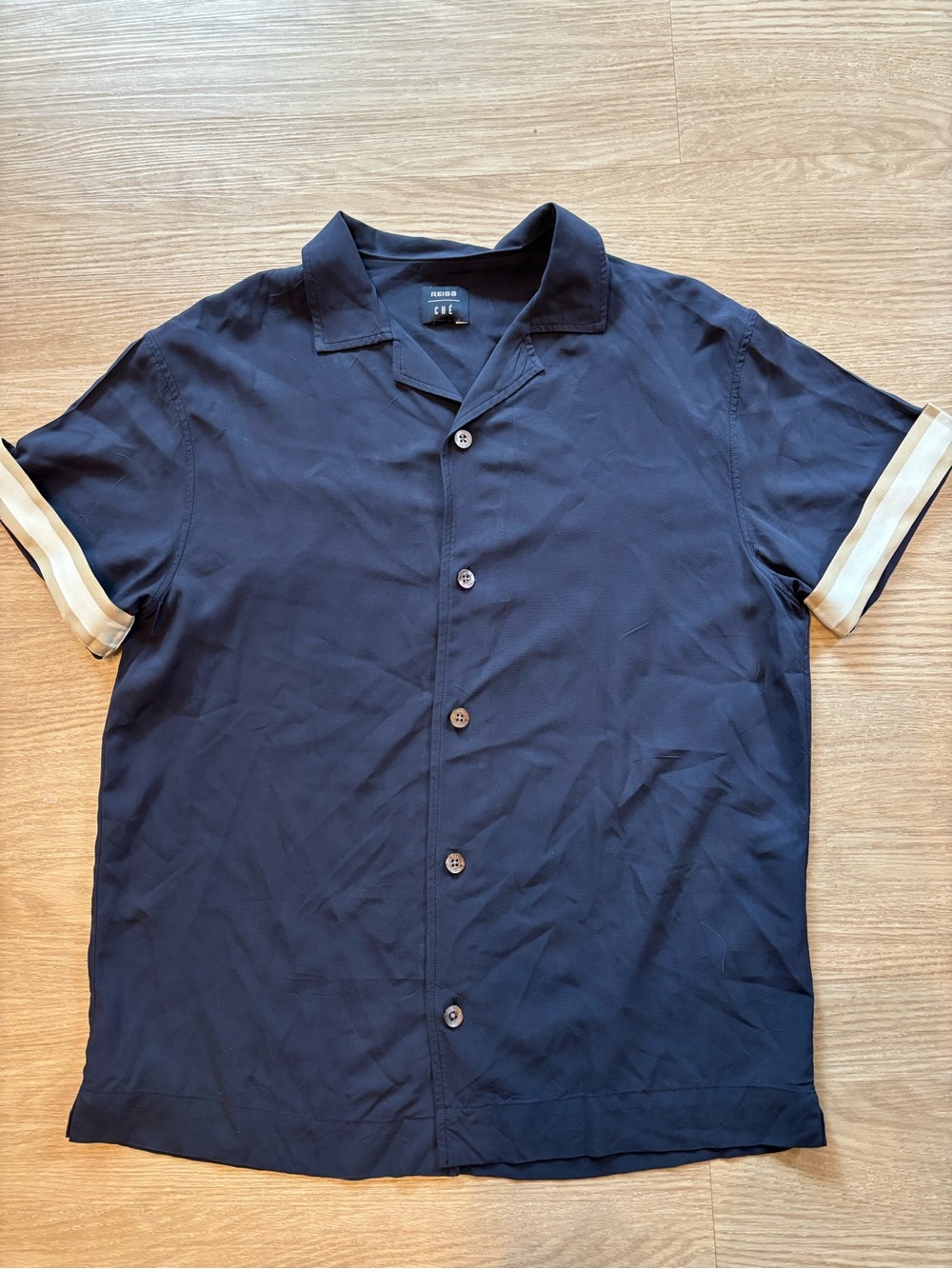 Reiss x Ché Mens Sz M Valbonne Cuff Detail Cuban Collar Button Down Shirt Navy